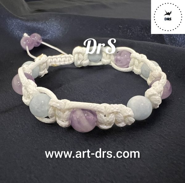 دستبند آمیتیست و آکوامارین با بند چرم